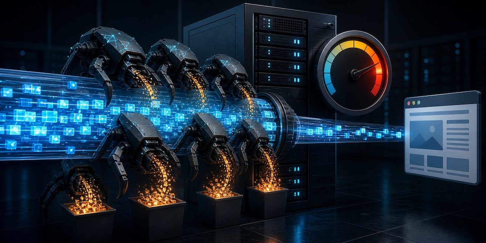A server rack with a bandwidth usage graph climbing sharply, surrounded by robot crawler icons pulling pages off the racks while a single human visitor icon stands to one side, under the headline AI Crawlers and Your Hosting Bill