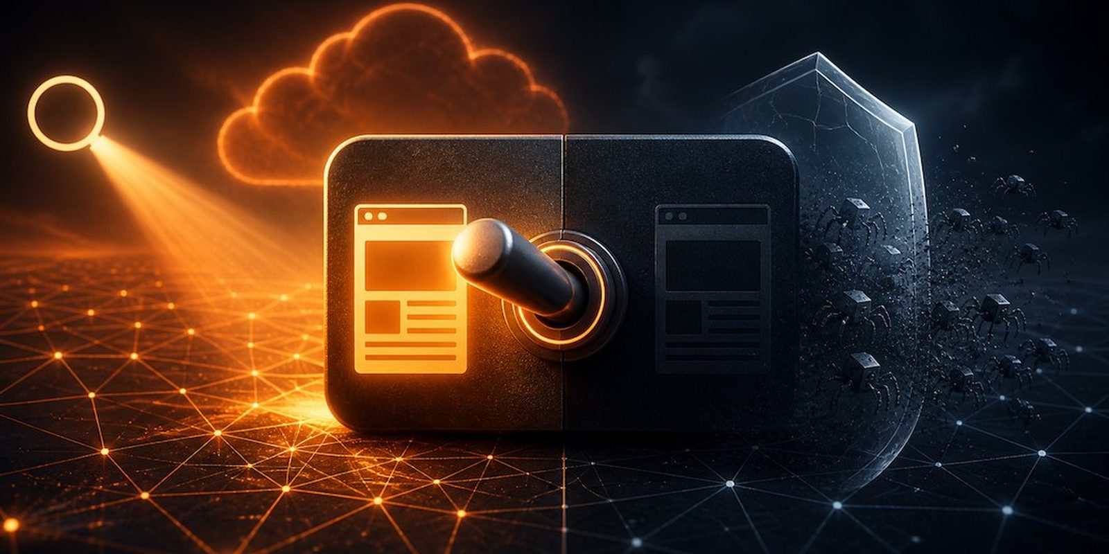 Cloudflare's September 15 AI Bot Defaults: The Switch That Could Hide You From Google A browser window showing a Cloudflare security settings panel with three toggles labeled Search, Agent and Training, next to a wall calendar circled on September 15, 2026, with a small Googlebot icon caught behind a closing gate