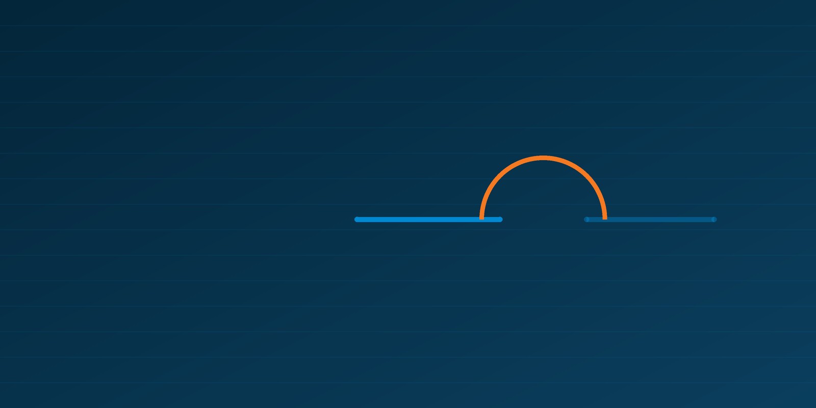 A broken blue line with an orange route arcing around the break