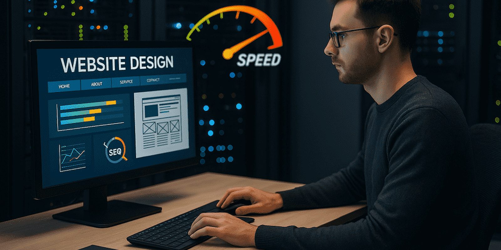 The Critical Role of Website Hosting in Web Design and SEO Web designer working on a website with glowing server racks in the background symbolizing hosting speed, uptime, and SEO performance.