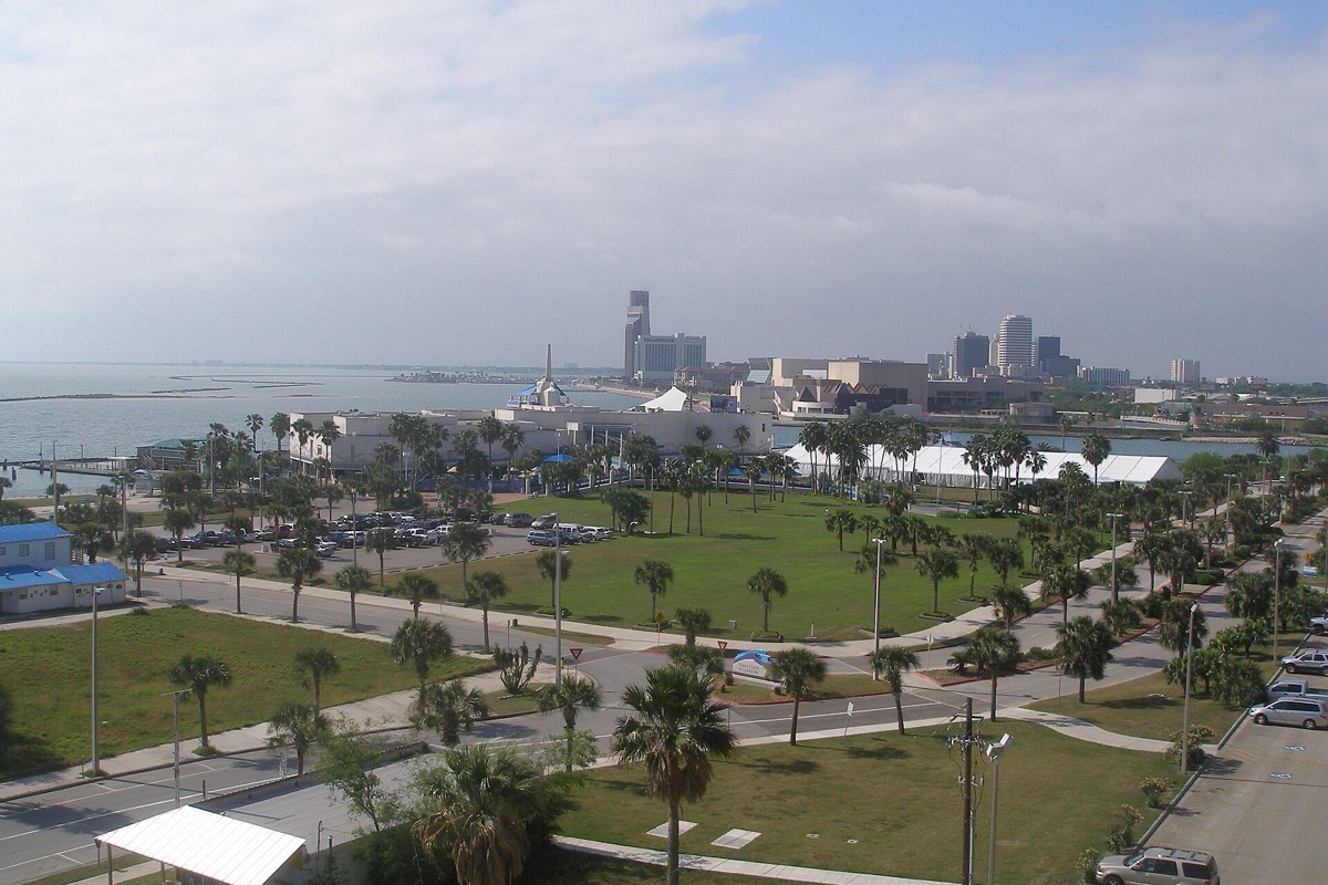 The Corpus Christi bayfront, palms and mown grass across the foreground, car parks and low buildings behind them and the office towers of the city standing along the bay in soft sea haze.