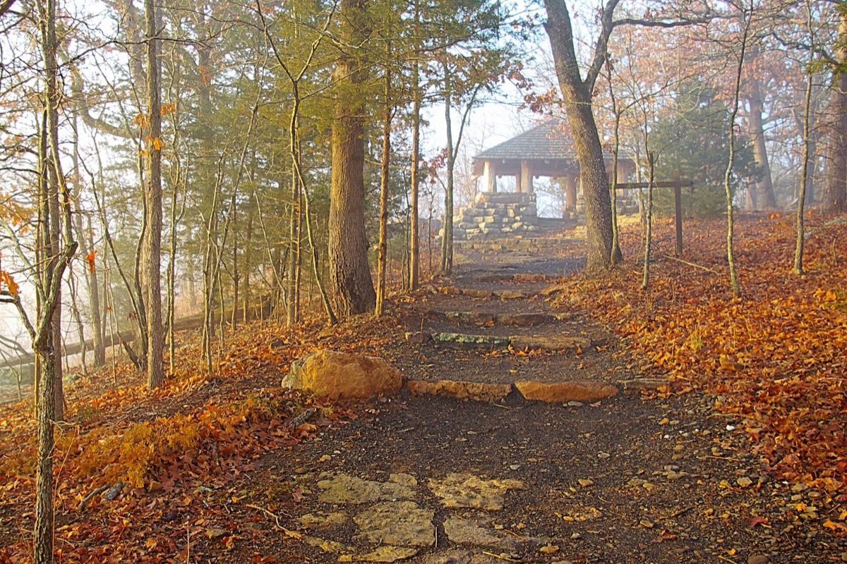 A stone stairway path climbing through bare autumn oak woods to a rustic shelter of stone piers and a shingled roof, with orange and brown leaf litter covering the ground and fog hanging in the trees behind.