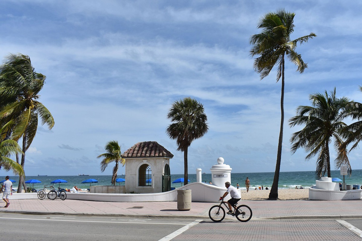 The Fort Lauderdale beachfront, tall palms leaning over a low white sea wall with the Atlantic and pale sand beyond, and a cyclist passing along the road in the foreground.