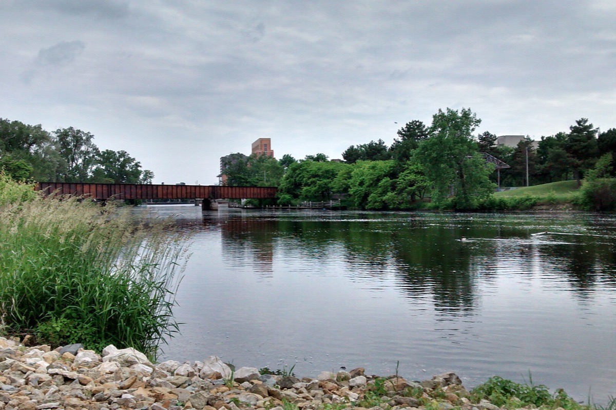 The Grand River at Lansing under a grey sky, a rust coloured iron truss bridge crossing mid frame, tall grass and a rock bank in the foreground and green trees along both sides.