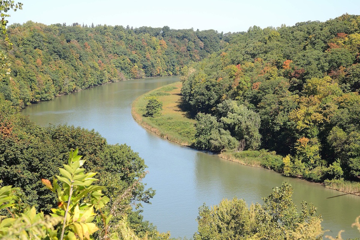 The Genesee River curving through a wooded gorge below Rochester in early autumn, steep tree covered banks on both sides and the first turning leaves showing among the green.