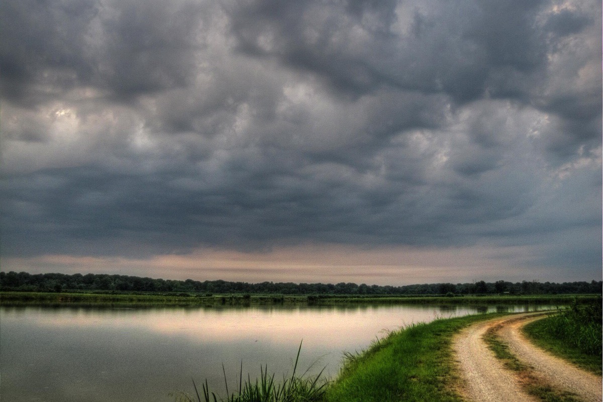 A gravel track running beside still wetland water in Georgia under a heavy bank of grey cloud, reed beds and a low treeline along the far side.