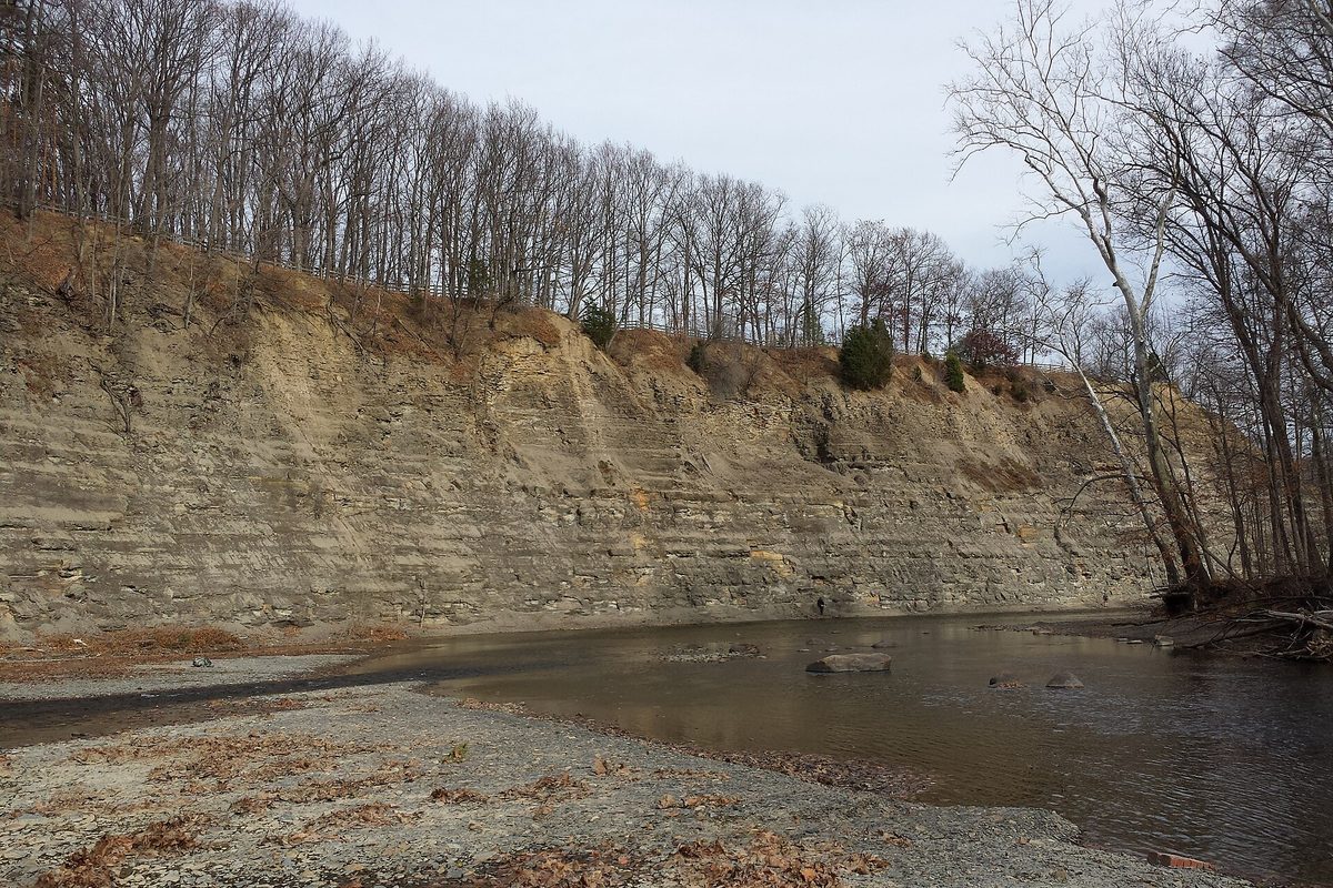 Cleveland creek running along the base of a layered shale cliff topped with bare trees under a flat gray sky.