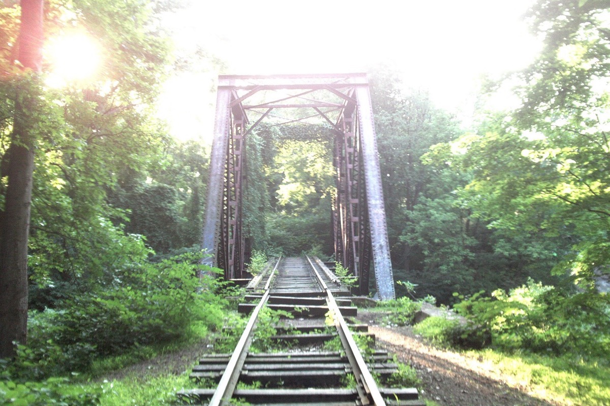 A disused steel truss rail bridge in New Jersey seen straight down the track, rails and sleepers running into it with low sun breaking through heavy summer green on both sides.