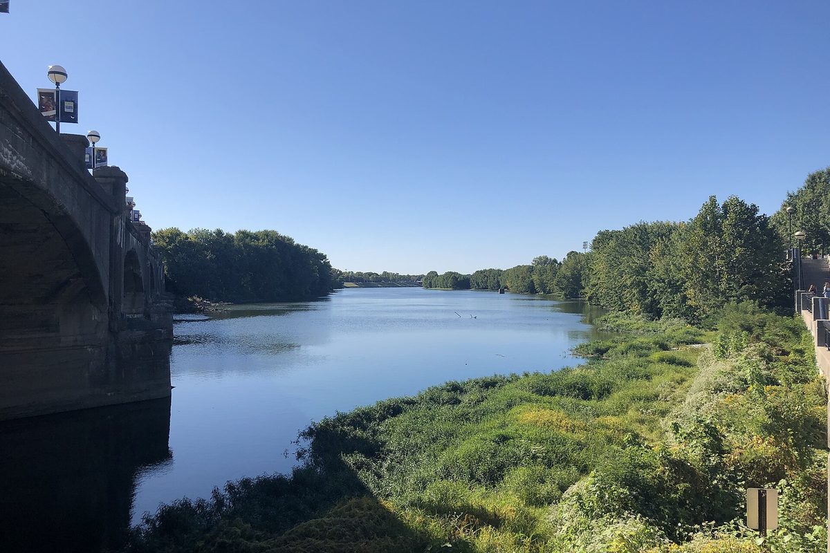 Lamp-topped stone arches of an Indianapolis bridge span the calm White River, its banks thick with green trees and weeds under clear blue sky.