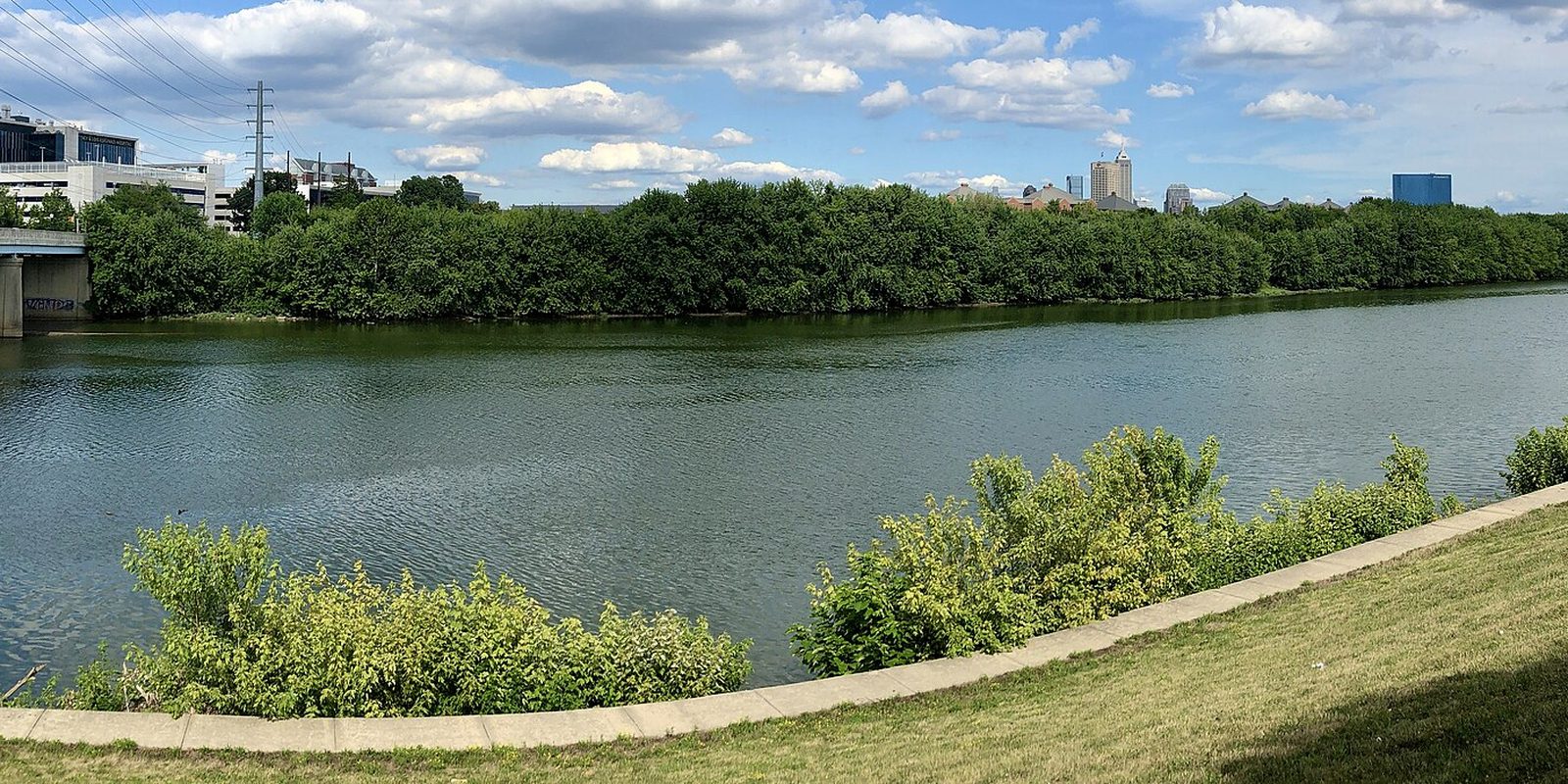 The small Indianapolis skyline on the horizon across a wide river, seen over a grassy bank and leafy tree line under puffy clouds in a blue sky