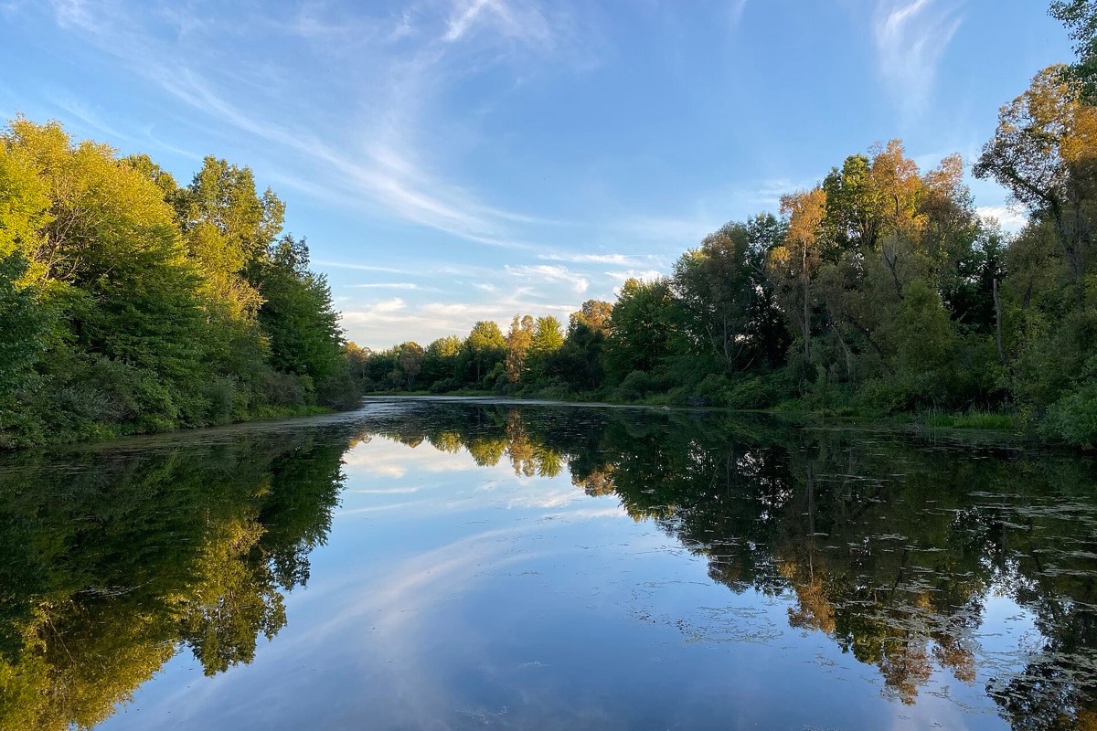 A Michigan lake lying completely still under a pale sky, the whole treeline and the cloud held in it, with bright autumn colour beginning along the far bank.