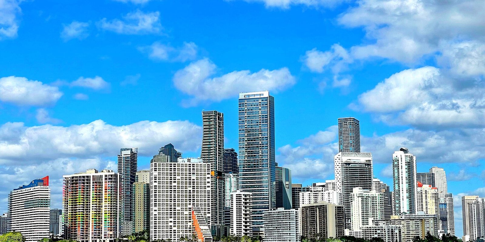 A dense cluster of Miami high-rise towers with palm tops at their base, under a vivid blue sky scattered with puffy white clouds