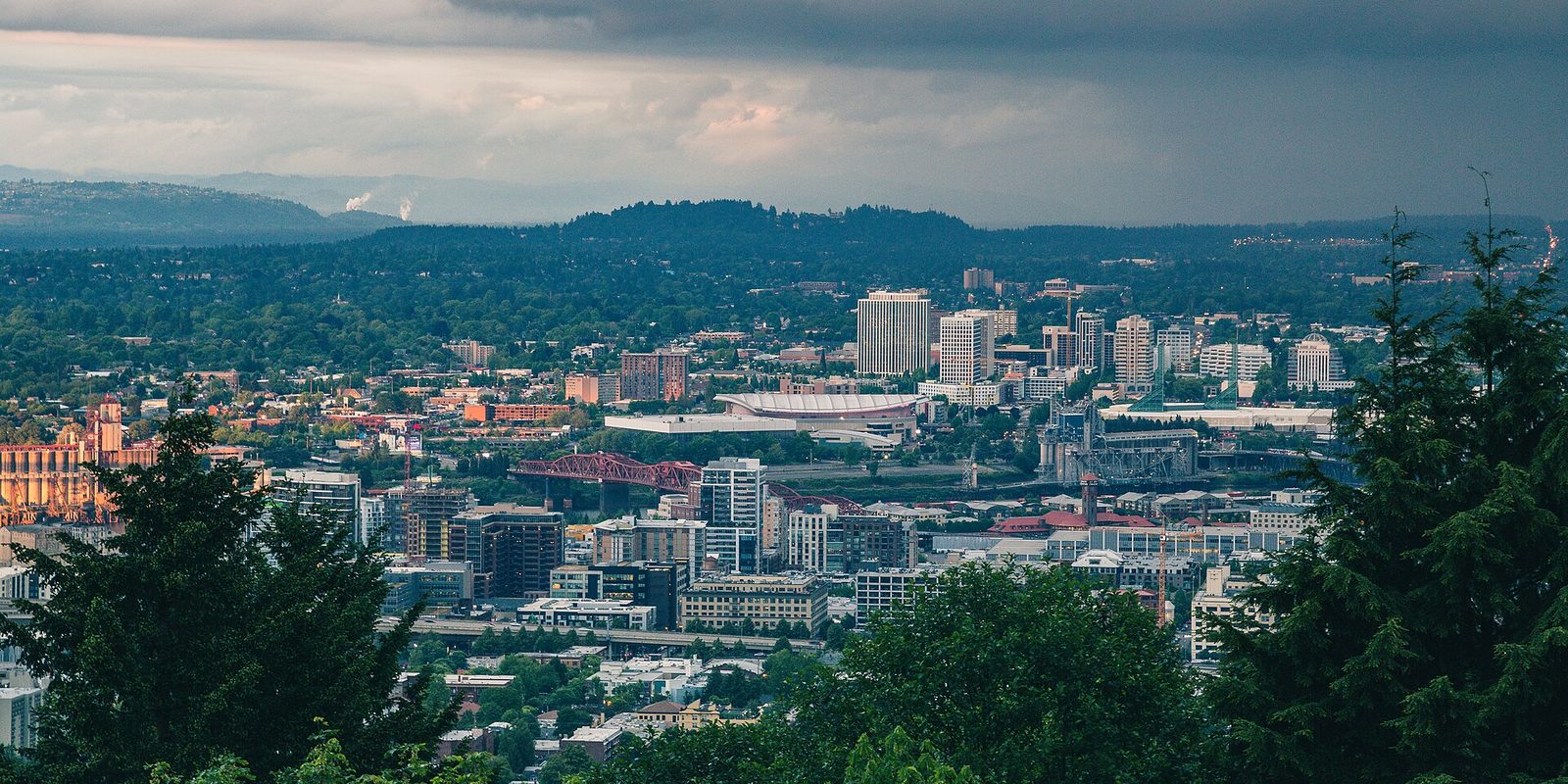 Portland from a forested hilltop, evergreens framing mid-rise downtown, a red steel bridge and a curved white arena roof, under low grey cloud