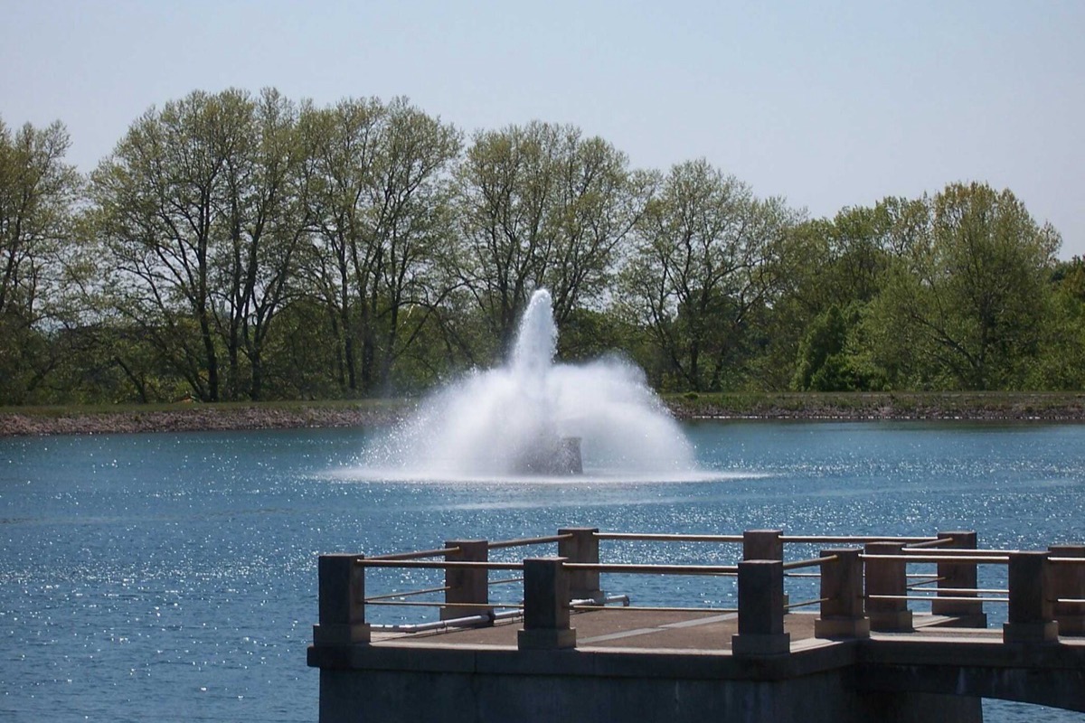 A fountain playing in the middle of a New York reservoir, the water bright blue under a clear sky with mown grass and mature trees around the rim.