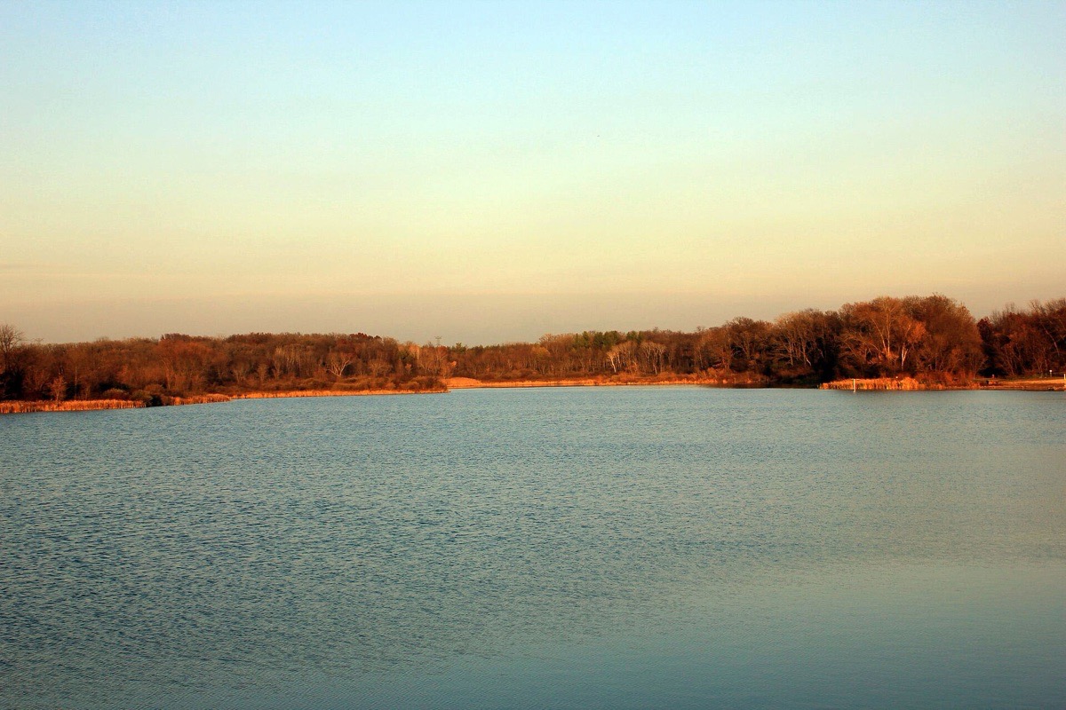 An Illinois lake at sunset, the water pale gold and green under a clear sky with a low bank of trees turned rust coloured along the far shore.