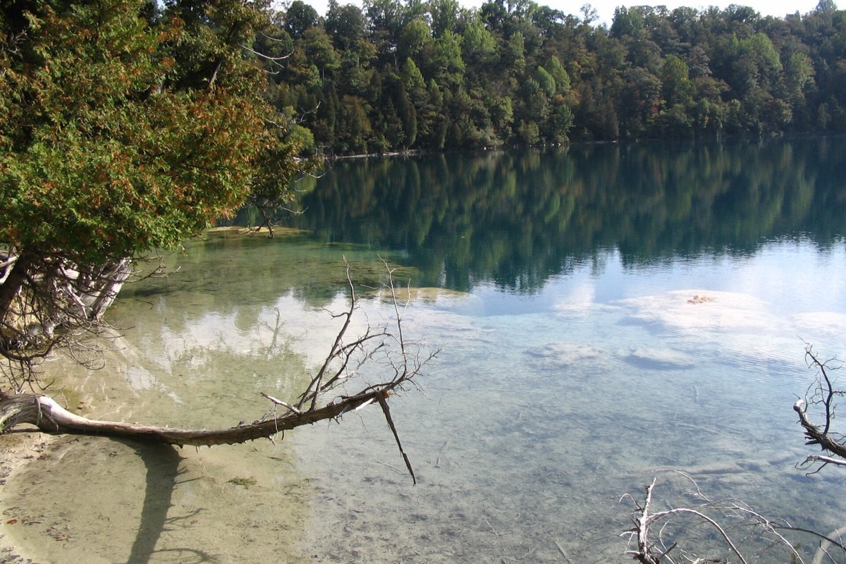 A New York lake of unusually clear green water, pale shallows and sunken branches visible near the shore and steep wooded banks reflected across the surface.