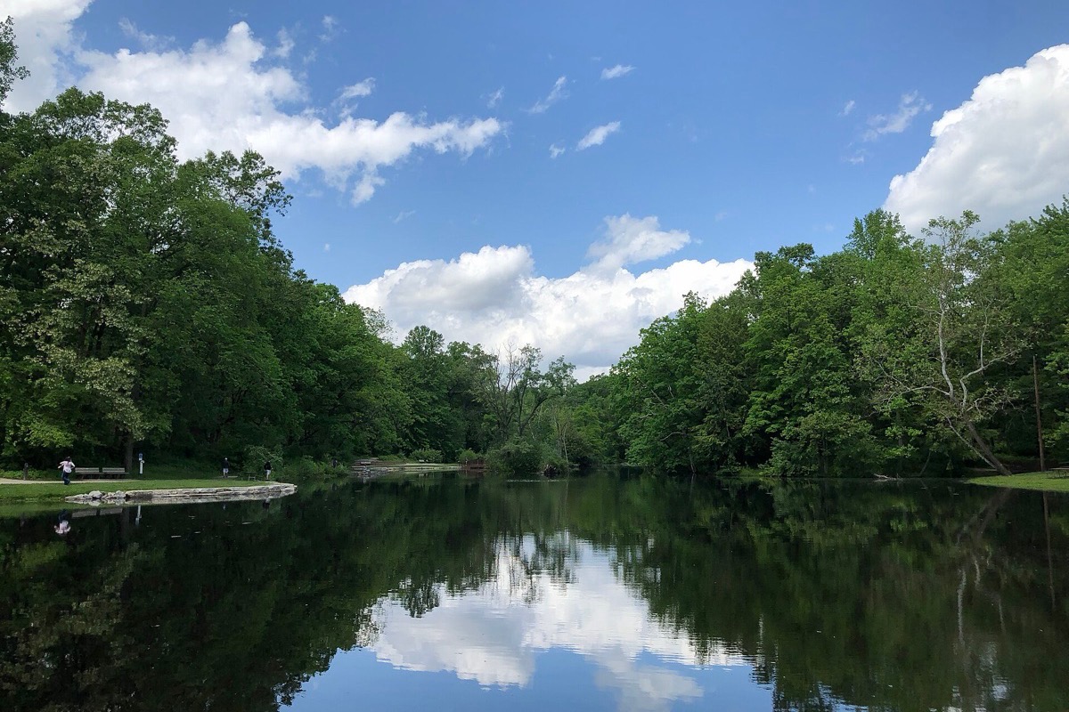 An Ohio lake lying still enough to hold the whole sky, a bank of white cloud and a low green treeline reflected across the surface.