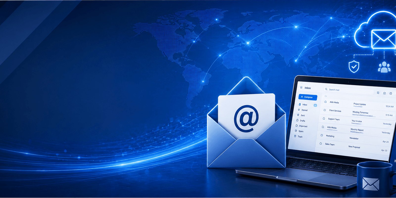 An open envelope holding a card marked with an at symbol, beside a laptop showing an inbox and a phone.