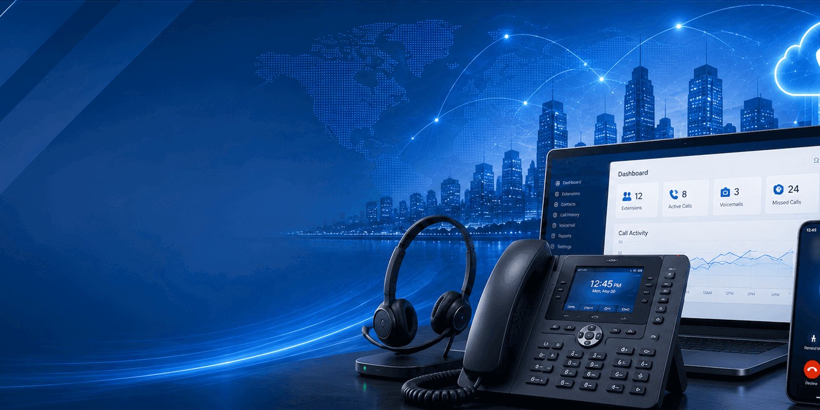 A desk phone and headset in front of a laptop showing a call dashboard, with a mobile ringing beside them.