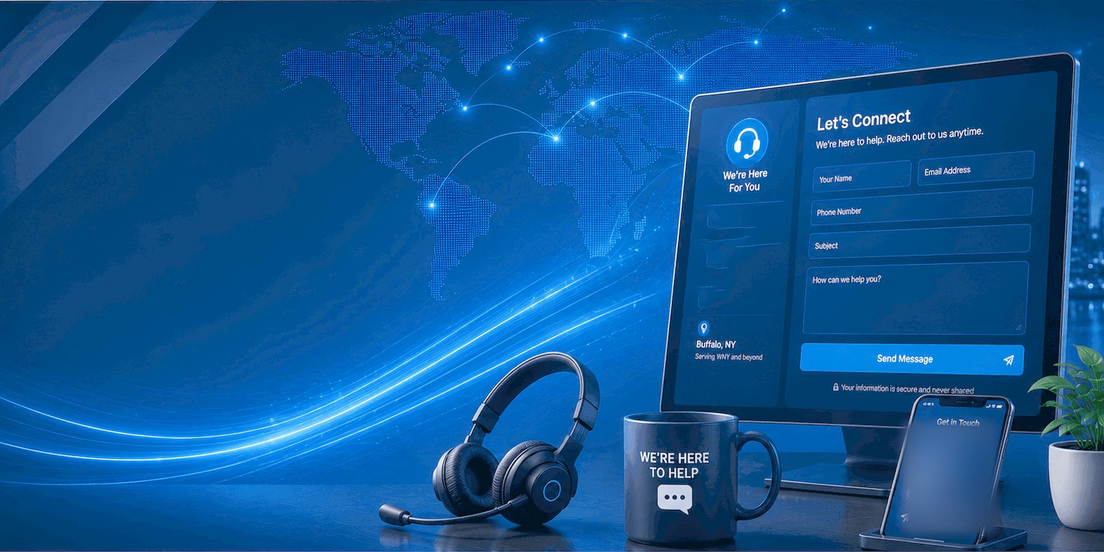 A monitor showing a contact form, with a headset, a plant and a mug reading we are here to help.