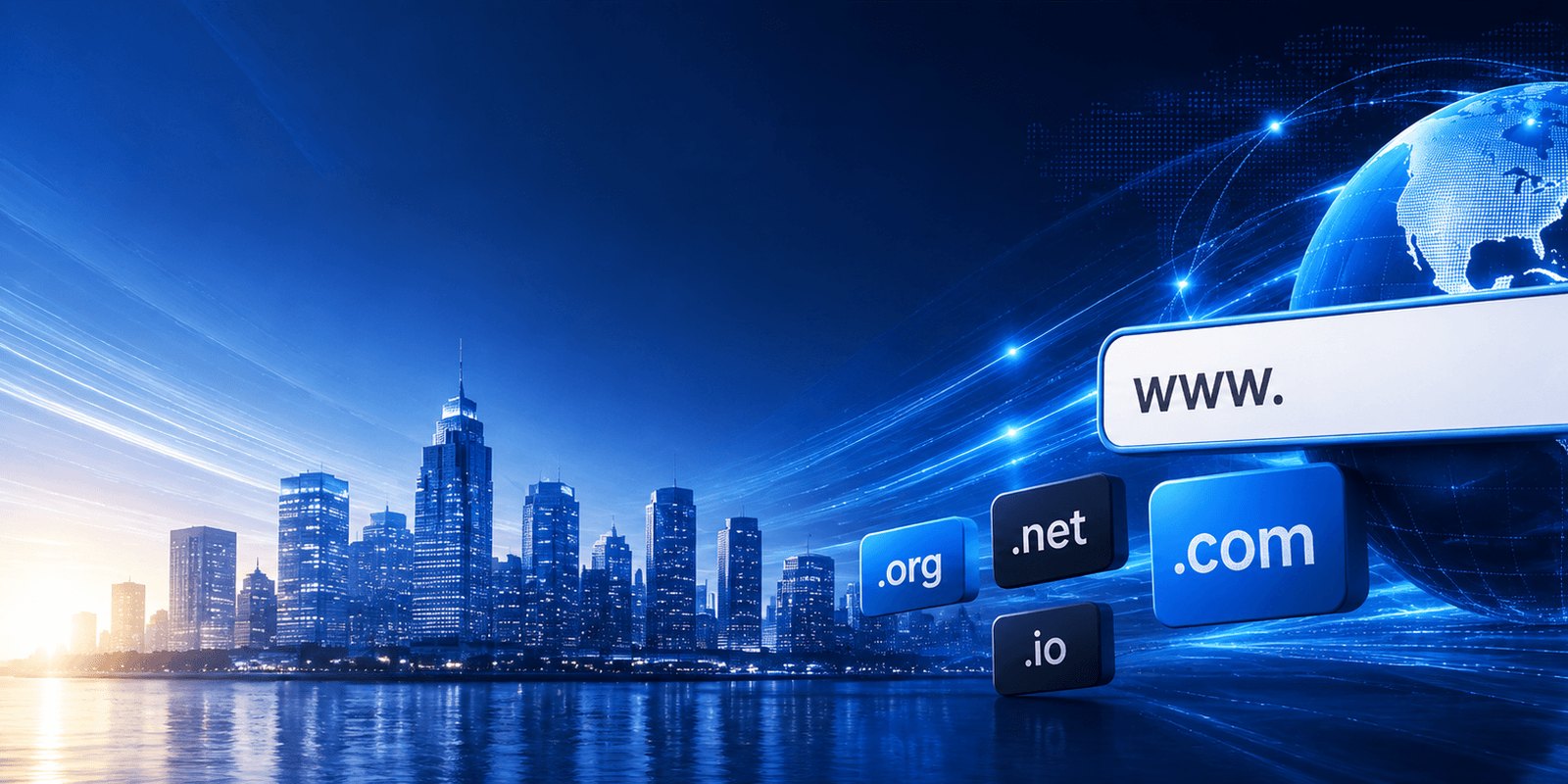 A search bar showing www beside a glowing globe, with dot com, dot net, dot org and dot io tiles in front of a city skyline.