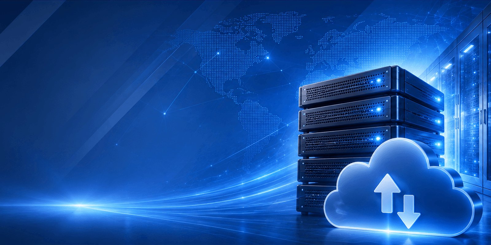 A stack of rack servers beside a glowing cloud icon with upload and download arrows, in a dark server room.