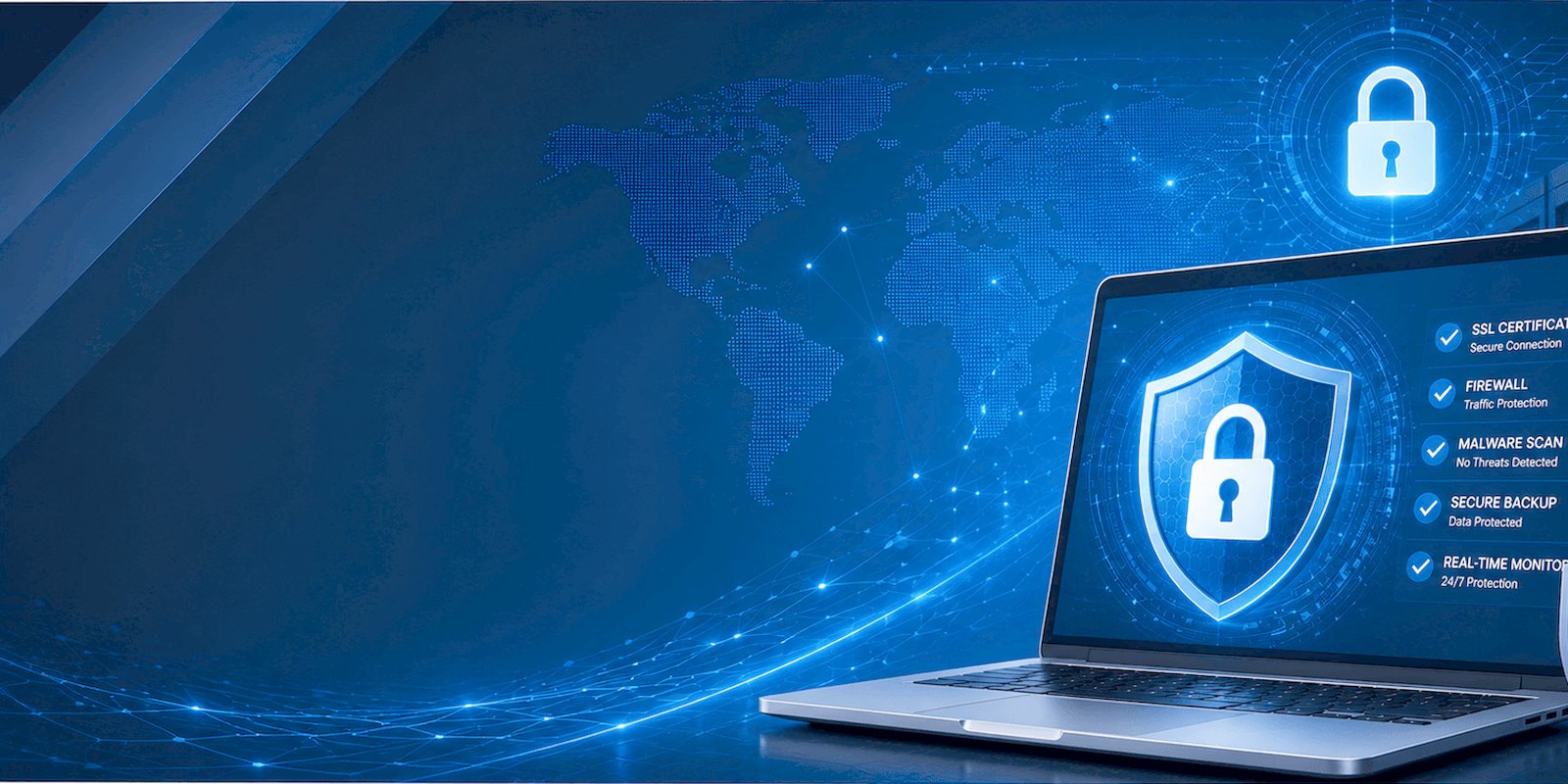 A padlock inside a shield on a laptop screen, beside a checklist of security features and a rack of servers.