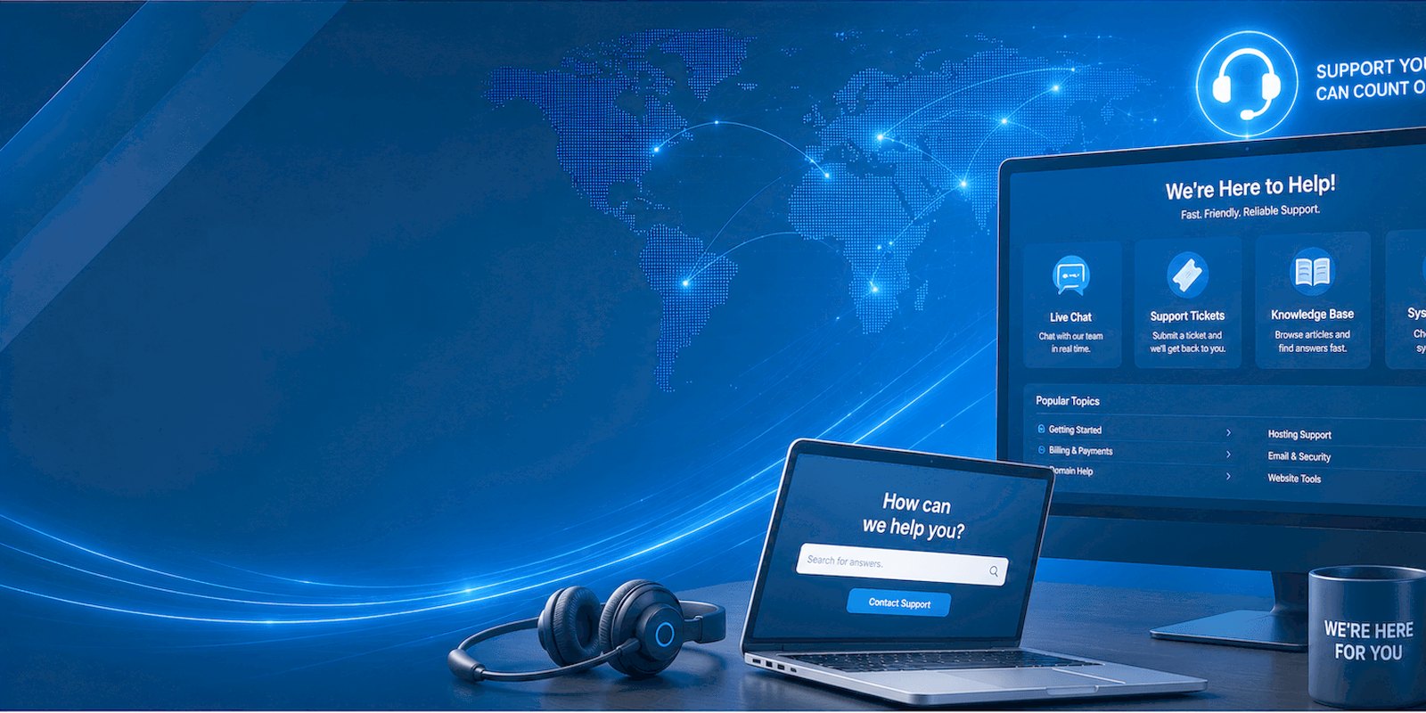 A monitor showing a help page, with a laptop, headphones and a mug reading we are here for you.