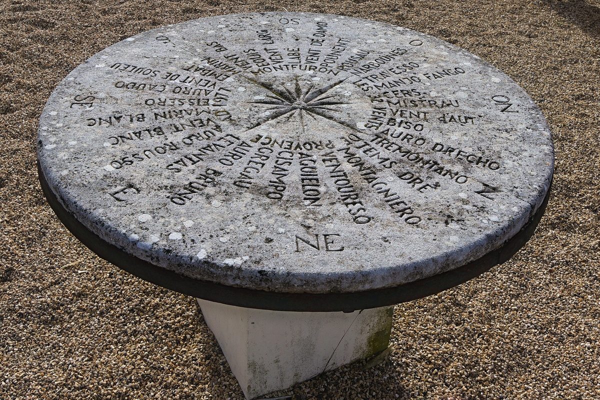 A round stone table carved with a compass rose and dozens of Provencal wind names, its rim marked NE and E, standing on gravel