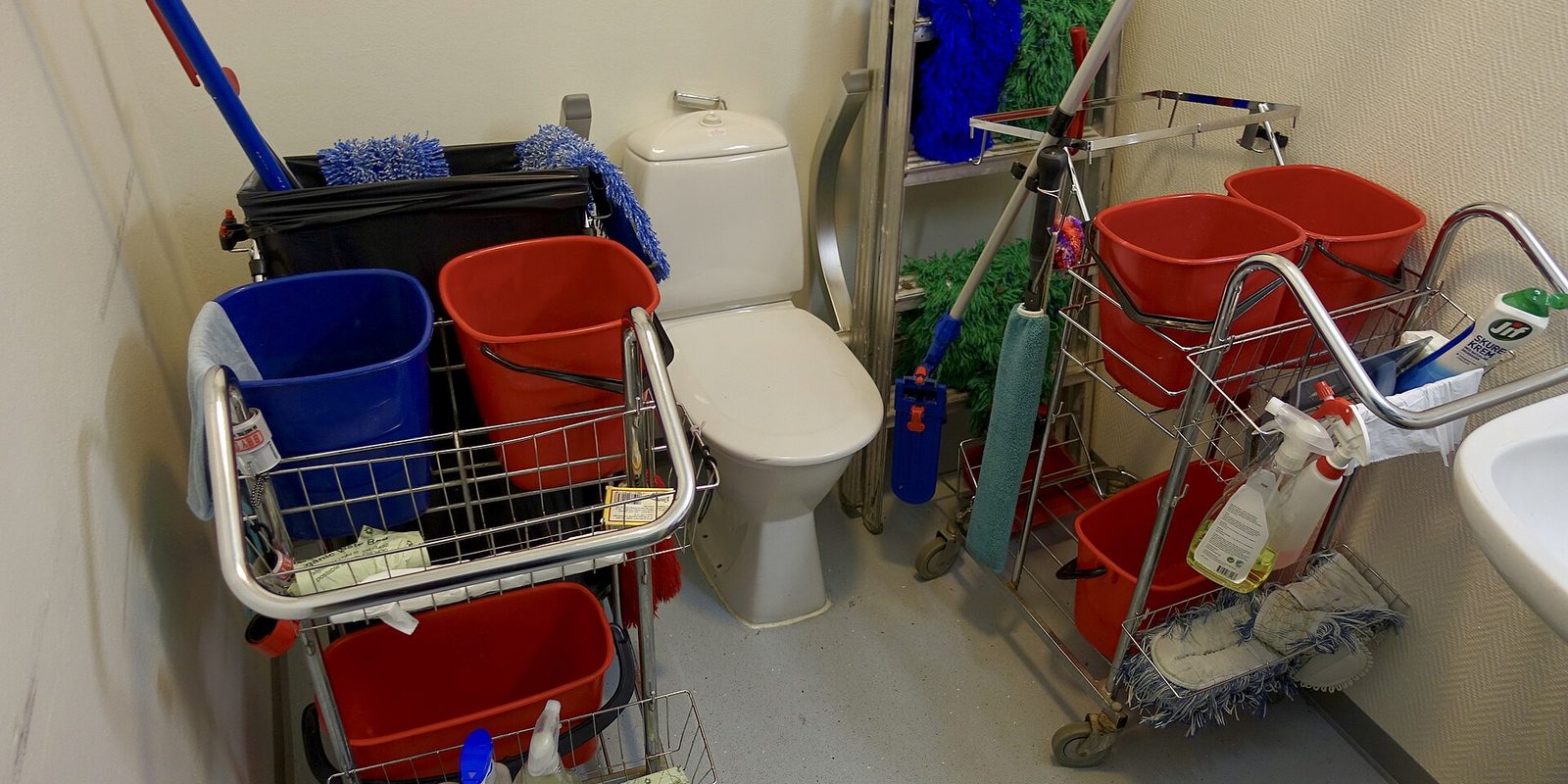 Two janitorial carts loaded with red and blue buckets, mops and spray bottles beside a restroom toilet