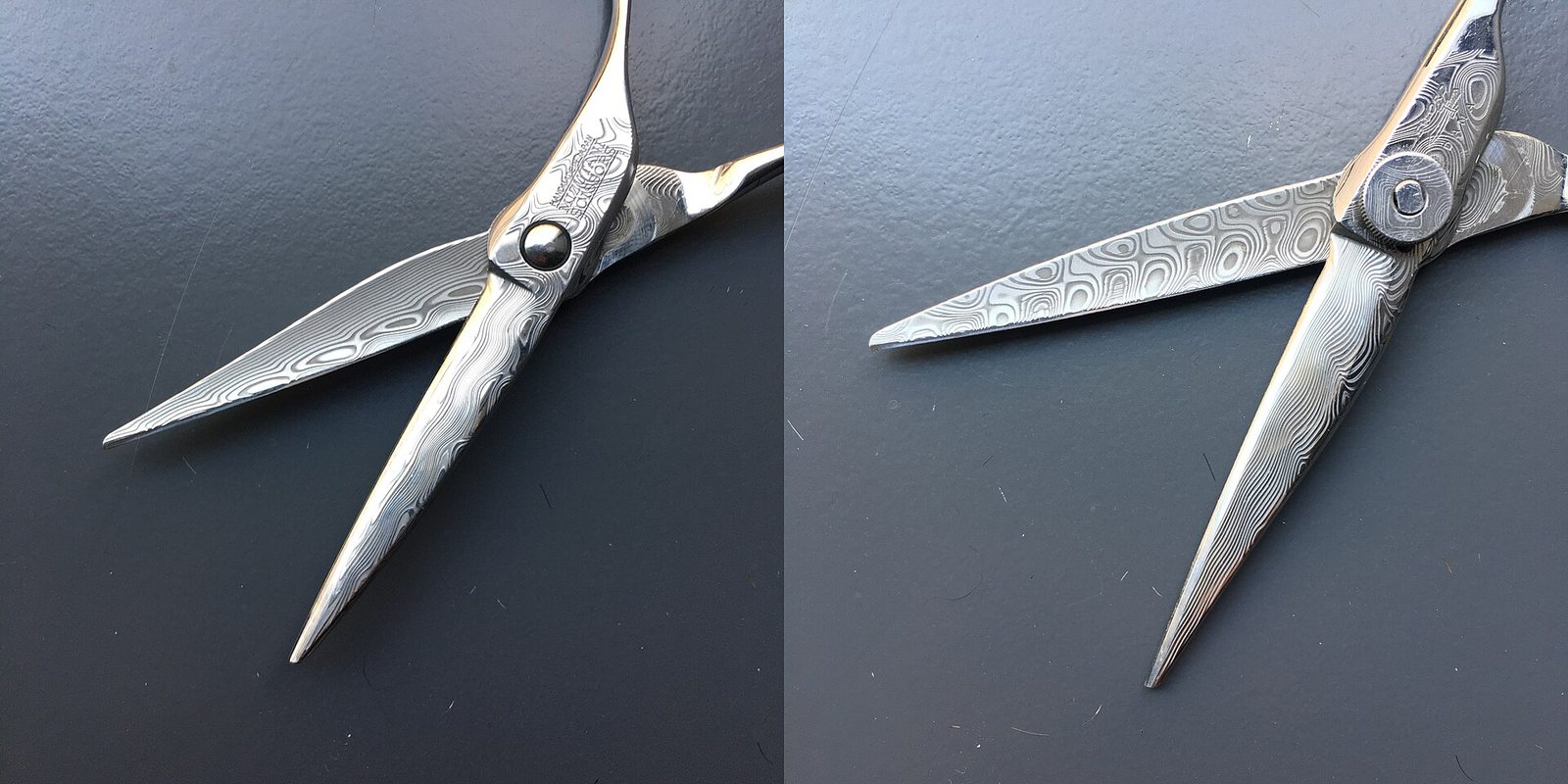 Two close-up views of a pair of patterned steel hairdressing shears lying open on a dark grey surface