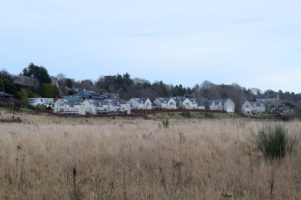 A row of newly built houses along a wooded ridge, seen across a wide field of winter grass