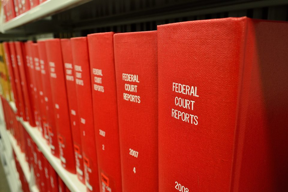 A shelf of matching red hardbound volumes labelled Federal Court Reports, receding into shallow focus