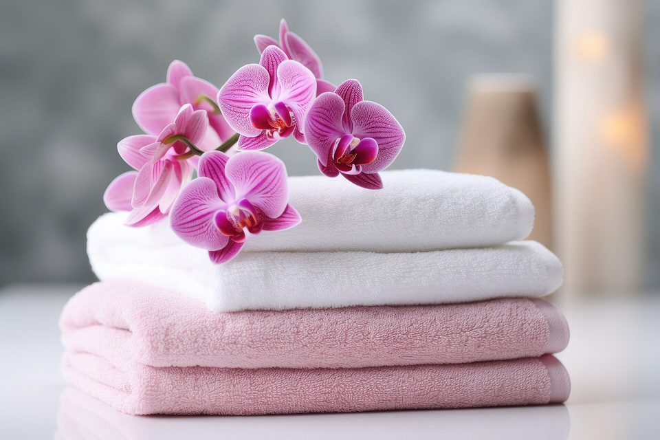 A stack of folded white and pink towels topped with pink orchid blooms