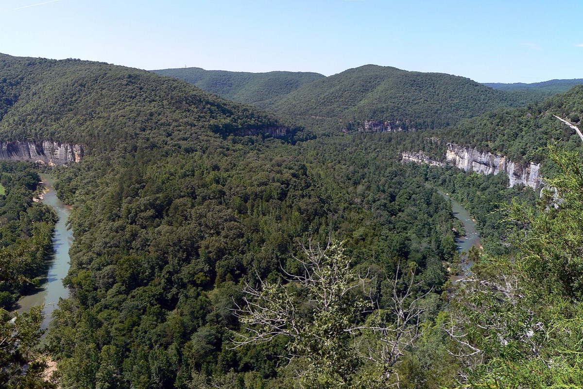 An Arkansas river running green through a deep wooded gorge seen from the rim, pale limestone bluffs standing out of the forest on both sides and a cleared field on the flat ground by the water.