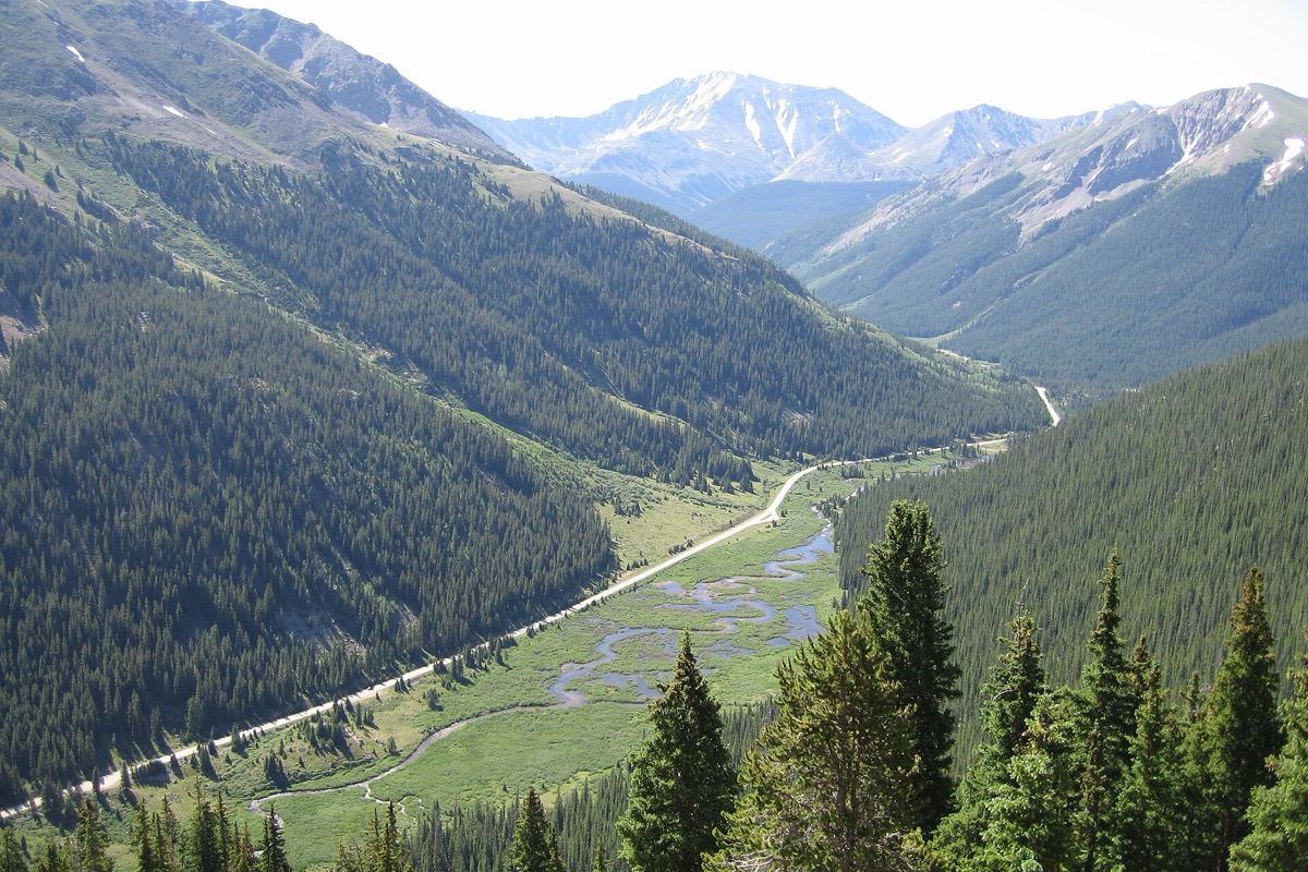 A Colorado valley seen from high on the pass, a road and a braided stream threading the flat green floor, dense conifer forest on the walls and snow still on the peaks at the head of it.