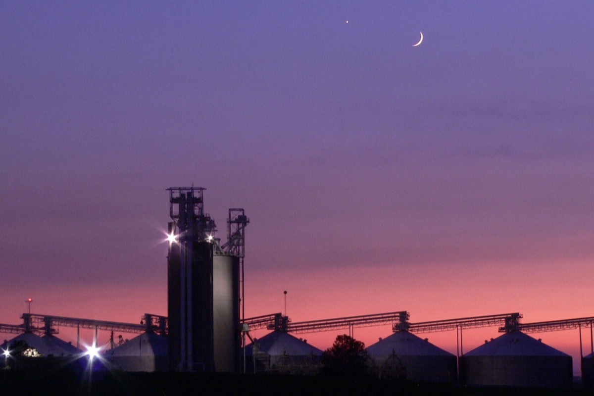 An Illinois grain elevator complex silhouetted against a deep pink and violet sky just after sunset, work lights burning along the conveyors and a thin crescent moon above.
