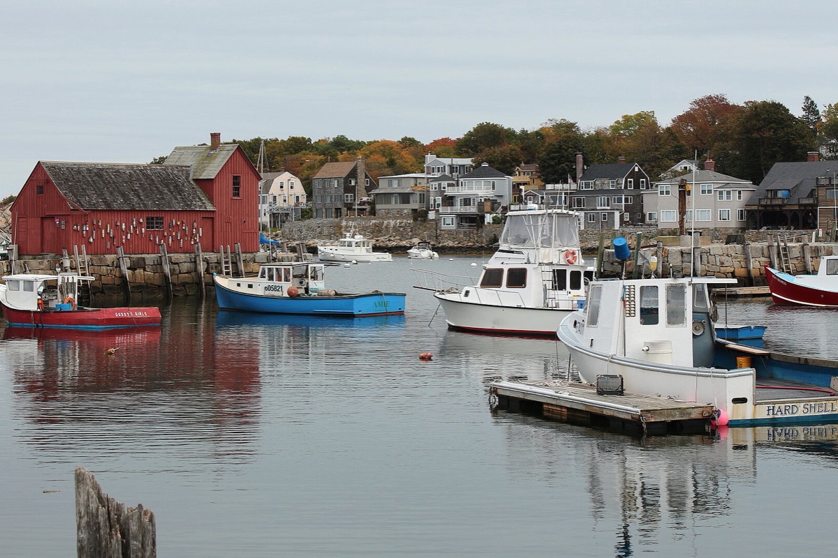 A Massachusetts fishing harbour at slack water, painted lobster boats lying at their moorings, a dark red fish shack on the wharf and clapboard houses stacked up the hill behind.