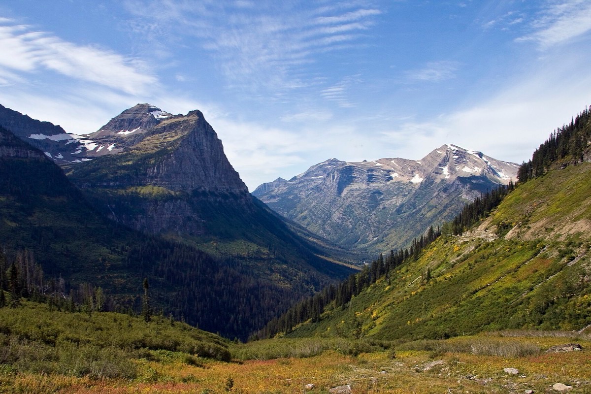 A broad glaciated Montana valley seen from high on its side, steep green slopes dropping to the floor and bare rock peaks with old snow in their gullies standing along both walls.