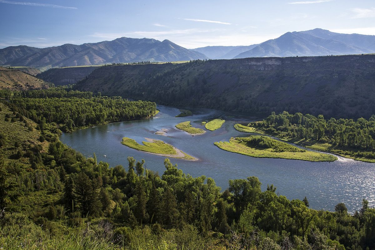 A braided river curving around grassy islands beneath a basalt canyon rim in Idaho, with layered mountain ridges fading beyond.