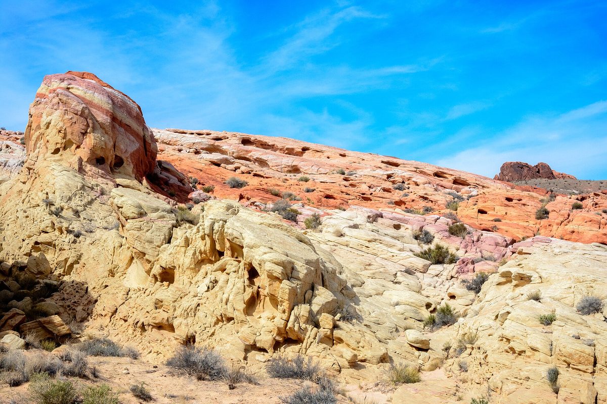 Nevada: a ridge of banded red and cream sandstone, cracked into cross-bedded ledges and dotted with dry desert shrubs under deep blue sky.