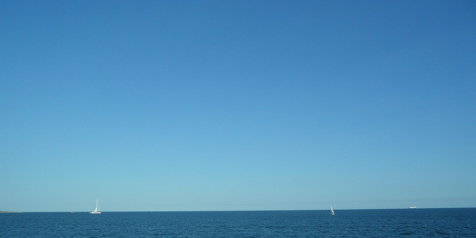 Two small sailboats on calm open water beneath a clear blue sky, with a low distant shoreline.